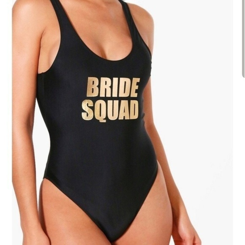 NWT Boohoo Swimsuit Black One Piece Bride Squad Gold Graphic Lettering Sz 10
